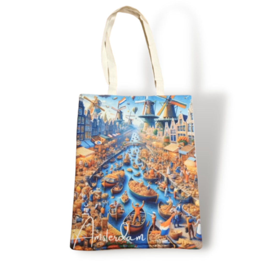 Katoenen canvas draagtas bedrukt met boten op de Amsterdamse grachten en molens, ideaal voor dagelijks gebruik of als geschenk
