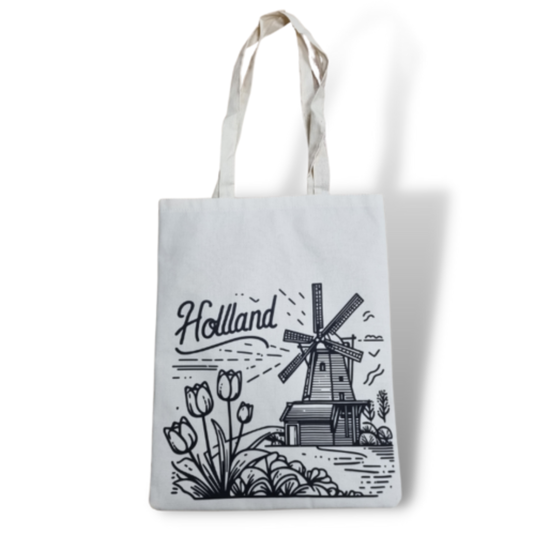 Katoenen canvas draagtas bedrukt met tulpen en molens, ideaal voor dagelijks gebruik of als geschenk.