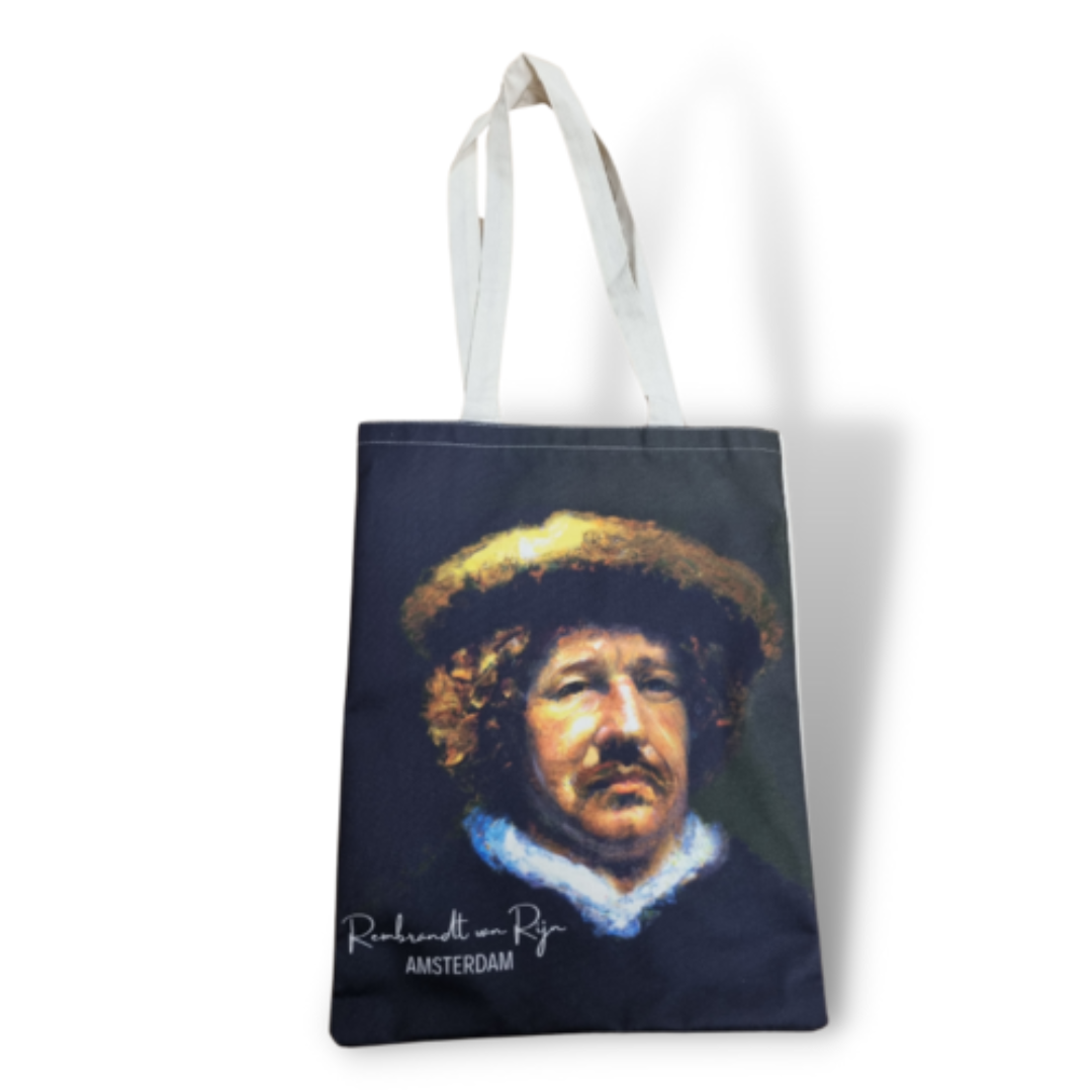 Katoenen canvas draagtas bedrukt met een afbeelding van Rembrandt van Rijn, ideaal voor dagelijks gebruik of als geschenk.
