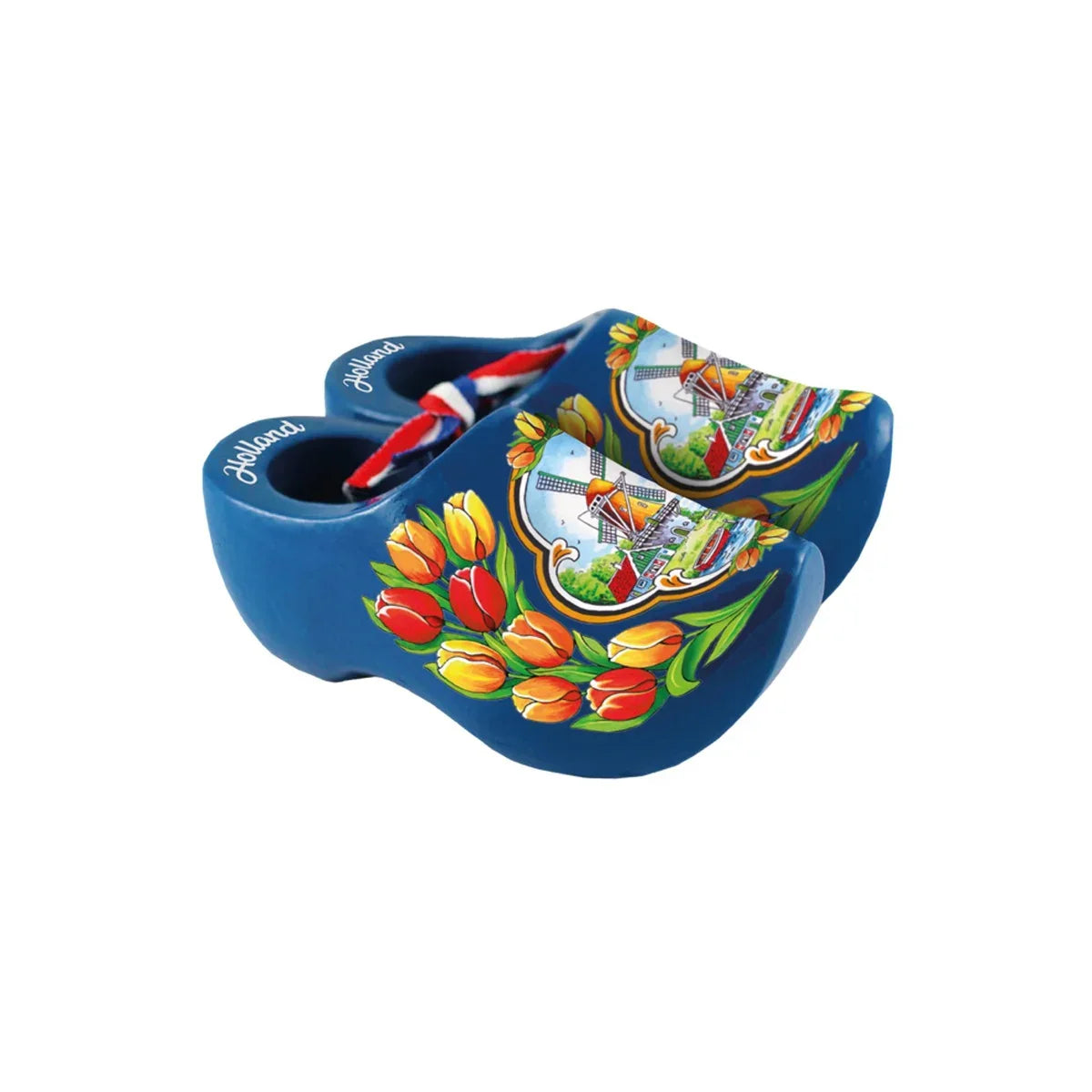 Blauwe houten klompjes in drie maten, samengeknoopt met een rood-wit-blauw lint, geschikt voor decoratieve doeleinden