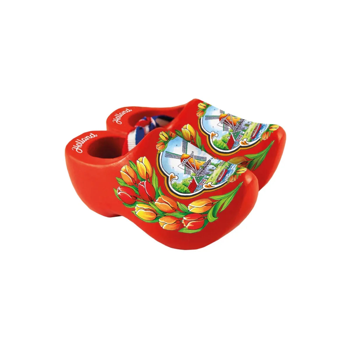 Oranje houten klompjes in drie maten, samengeknoopt met een rood-wit-blauw lint, geschikt voor decoratieve doeleinden