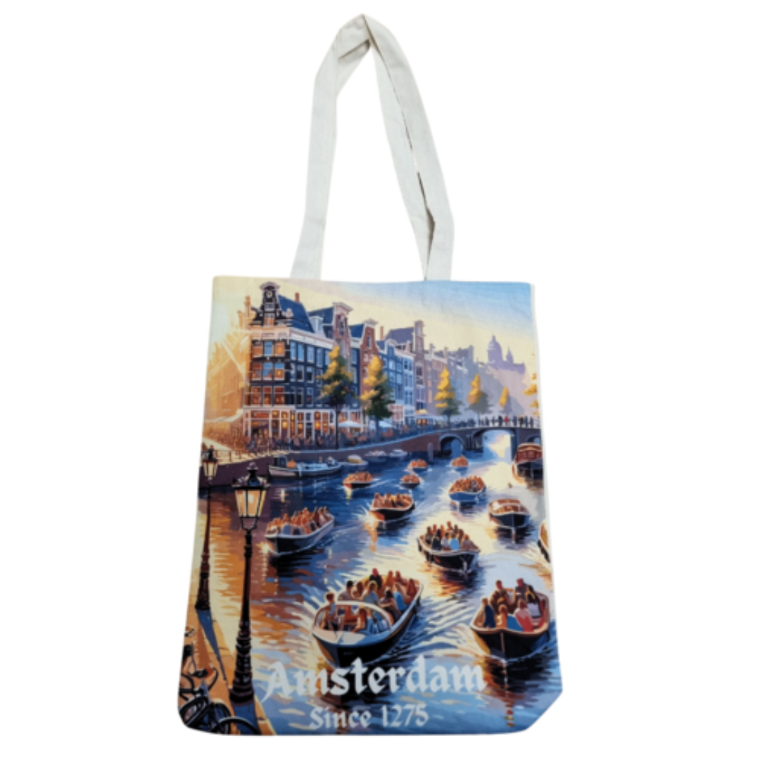 Katoenen canvas draagtas bedrukt met Amsterdamse boten op de grachten, ideaal voor dagelijks gebruik of als geschenk