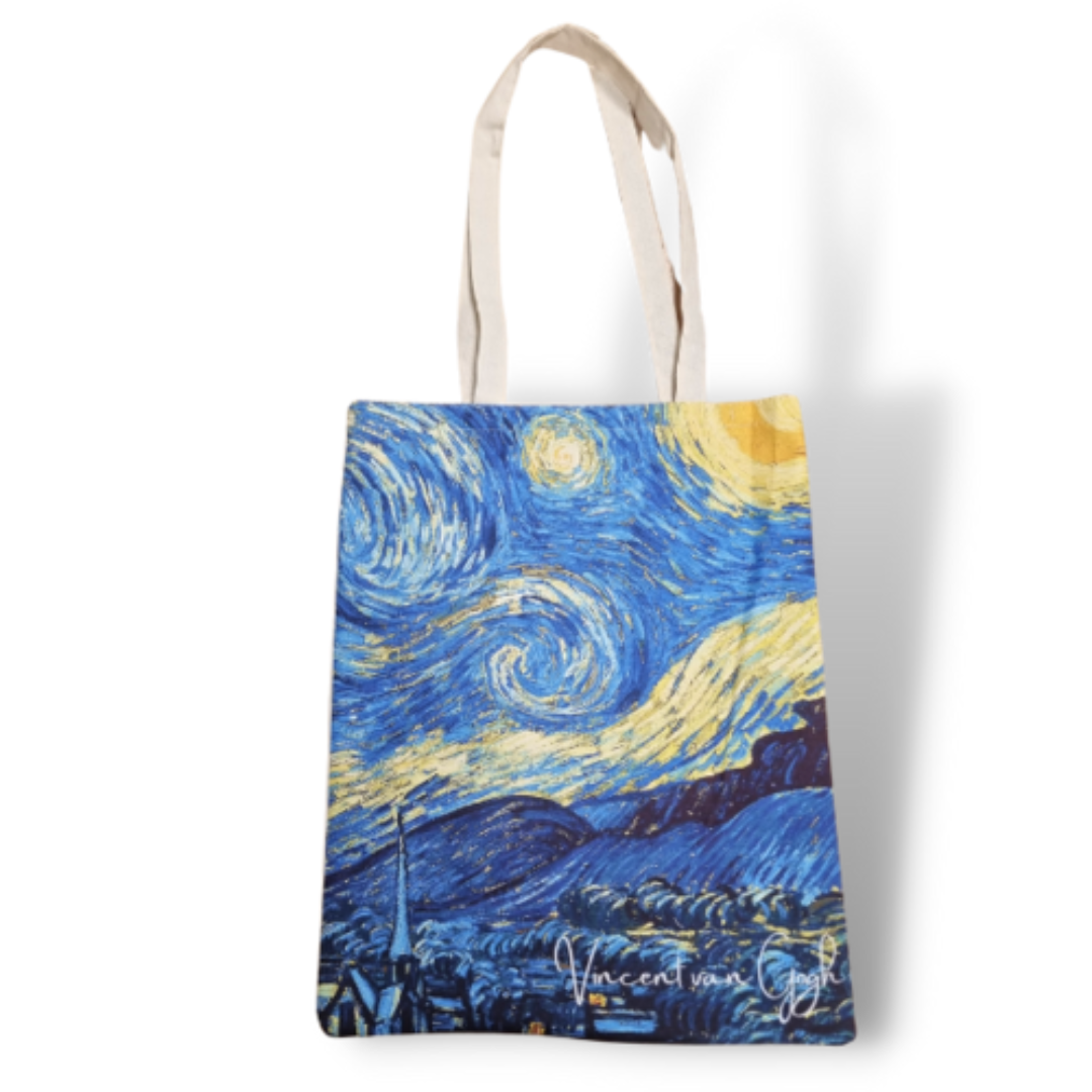 Katoenen canvas draagtas bedrukt met Van Gogh's 'Starry Night', ideaal voor dagelijks gebruik of als geschenk